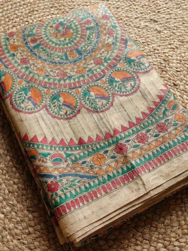 Indiehaat | Ghicha Tussar Madhubani Silk Saree Beige