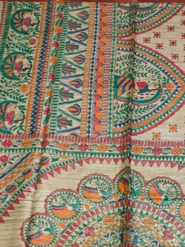 Indiehaat | Ghicha Tussar Madhubani Silk Saree Beige