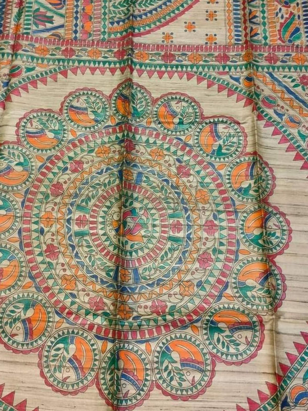 Indiehaat | Ghicha Tussar Madhubani Silk Saree Beige