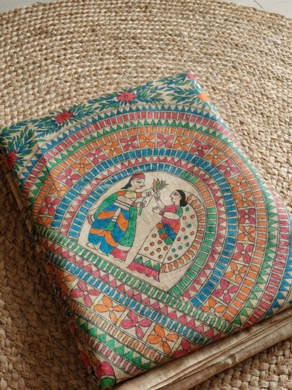 Indiehaat | Ghicha Tussar Madhubani Silk Saree Beige