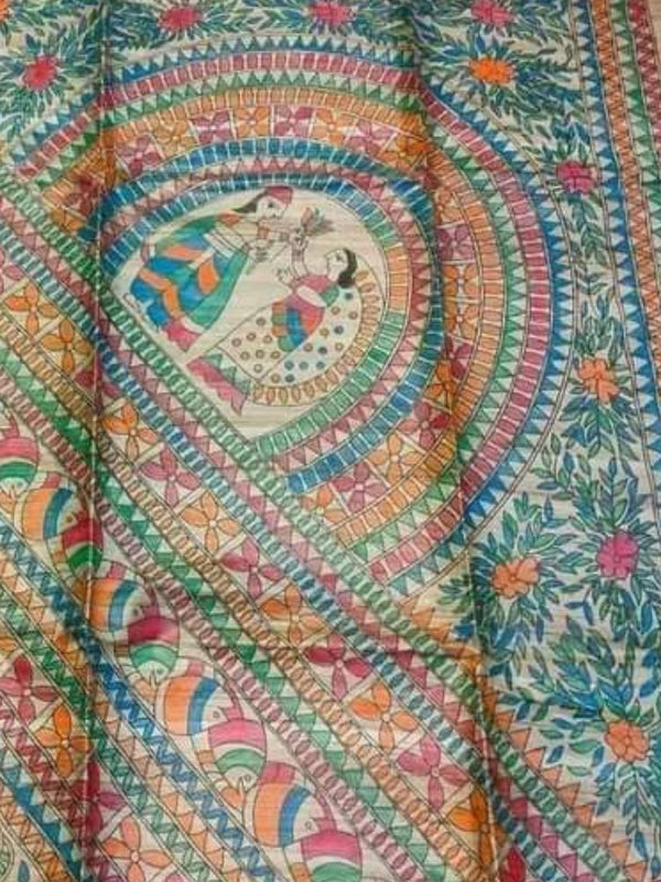 Indiehaat | Ghicha Tussar Madhubani Silk Saree Beige