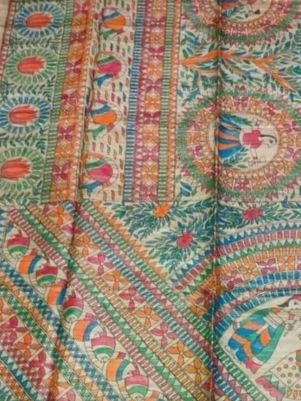 Indiehaat | Ghicha Tussar Madhubani Silk Saree Beige