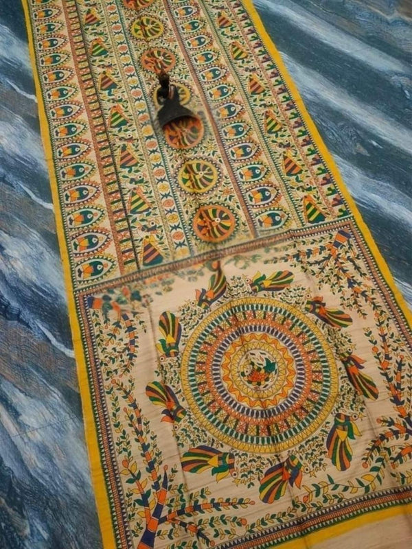 Indiehaat | Ghicha Tussar Madhubani Silk Saree Beige