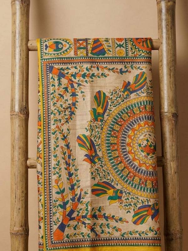 Indiehaat | Ghicha Tussar Madhubani Silk Saree Beige