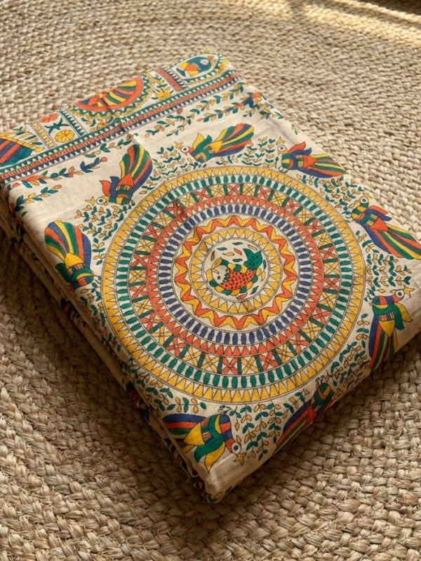 Indiehaat | Ghicha Tussar Madhubani Silk Saree Beige