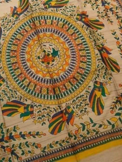 Indiehaat | Ghicha Tussar Madhubani Silk Saree Beige