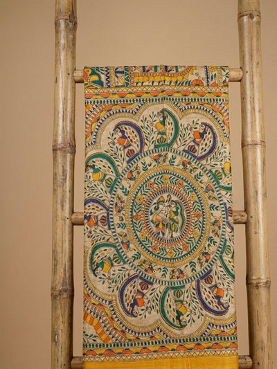Indiehaat | Ghicha Tussar Madhubani Silk Saree Beige