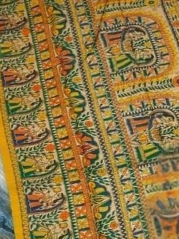 Indiehaat | Ghicha Tussar Madhubani Silk Saree Beige