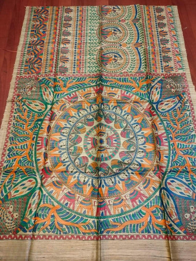 Indiehaat | Ghicha Tussar Madhubani Silk Saree Beige