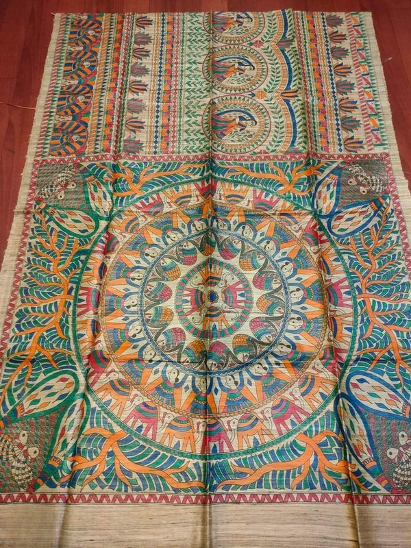 Indiehaat | Ghicha Tussar Madhubani Silk Saree Beige