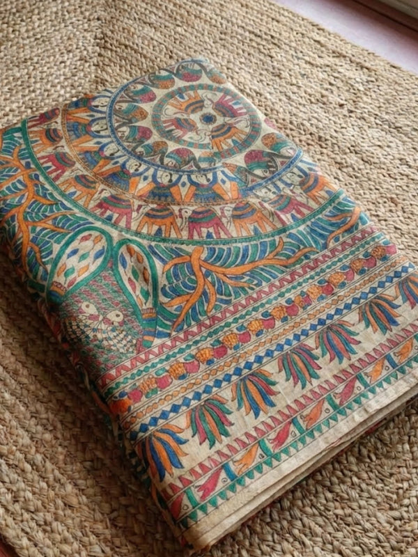 Indiehaat | Ghicha Tussar Madhubani Silk Saree Beige