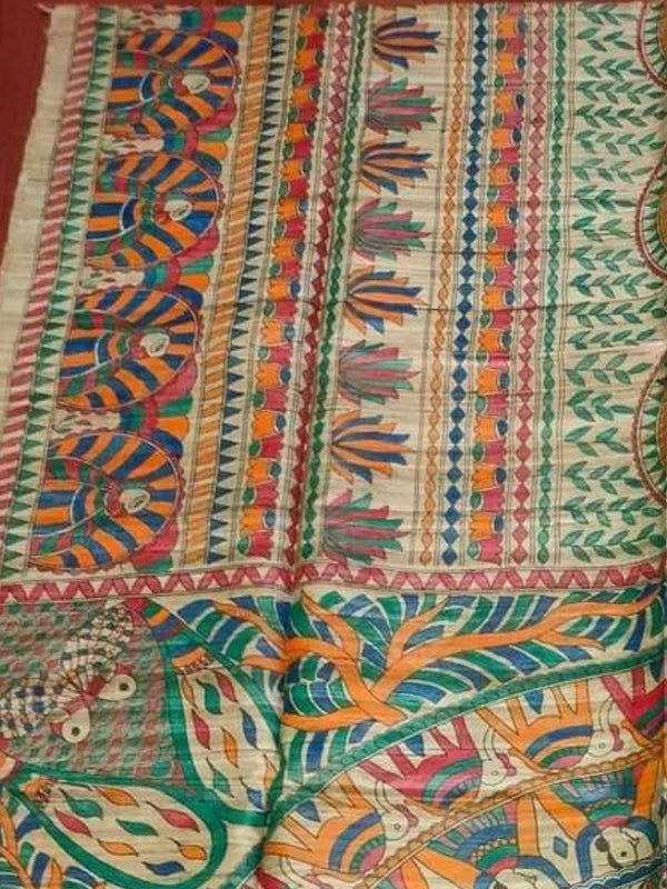 Indiehaat | Ghicha Tussar Madhubani Silk Saree Beige