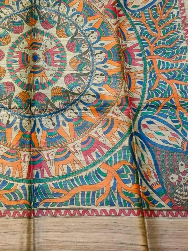 Indiehaat | Ghicha Tussar Madhubani Silk Saree Beige