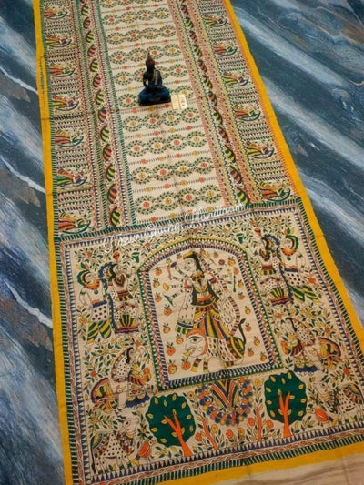 Indiehaat | Ghicha Tussar Madhubani Silk Saree Beige