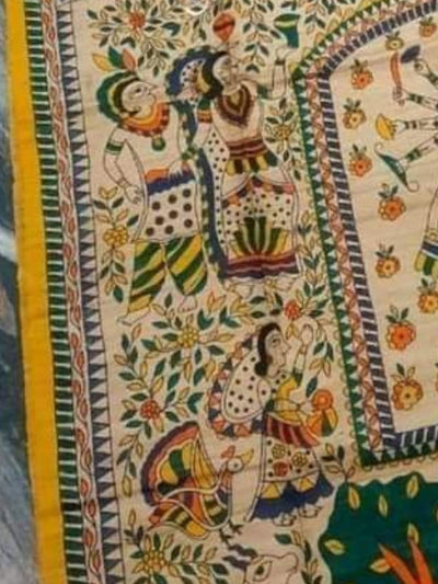 Indiehaat | Ghicha Tussar Madhubani Silk Saree Beige