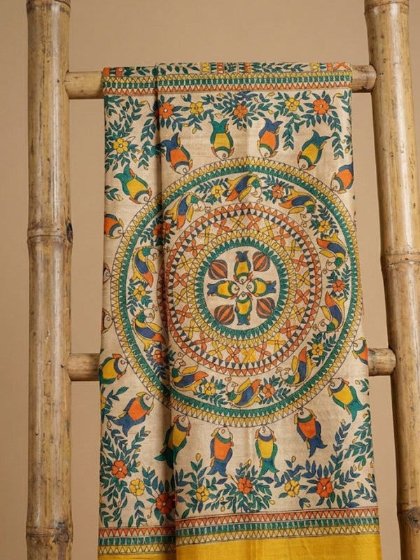 Indiehaat | Ghicha Tussar Madhubani Silk Saree Beige