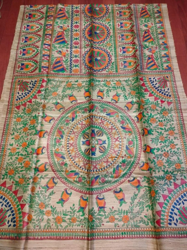 Indiehaat | Ghicha Tussar Madhubani Silk Saree Beige