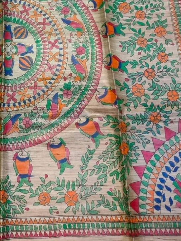 Indiehaat | Ghicha Tussar Madhubani Silk Saree Beige