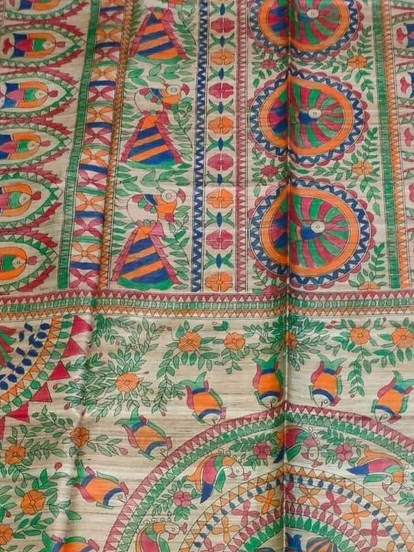 Indiehaat | Ghicha Tussar Madhubani Silk Saree Beige