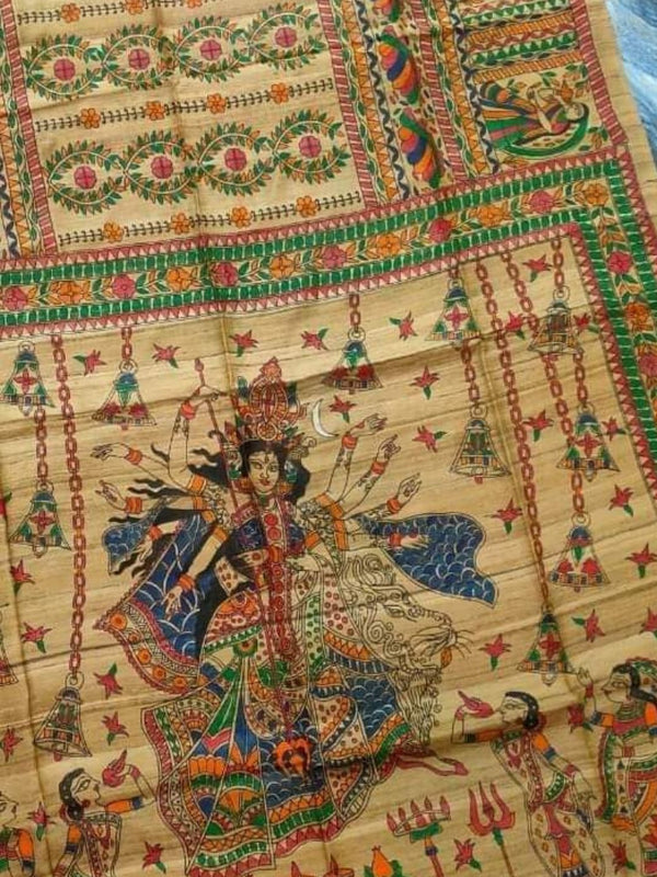 Indiehaat | Ghicha Tussar Madhubani Silk Saree Beige