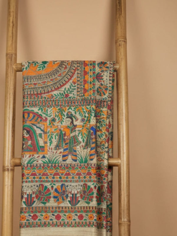 Indiehaat | Ghicha Tussar Madhubani Silk Saree Beige