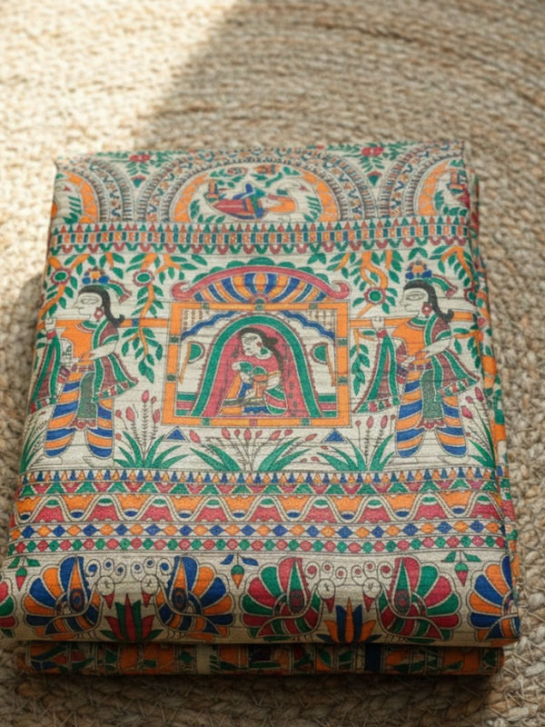Indiehaat | Ghicha Tussar Madhubani Silk Saree Beige
