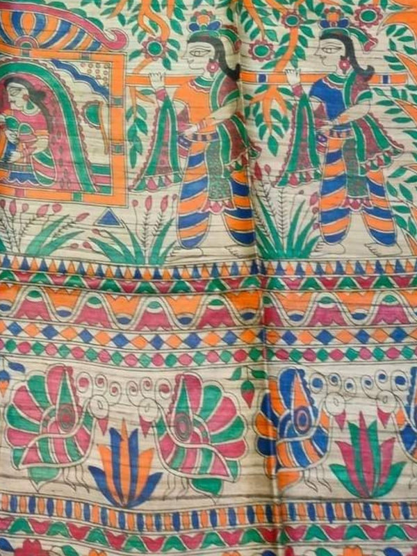 Indiehaat | Ghicha Tussar Madhubani Silk Saree Beige