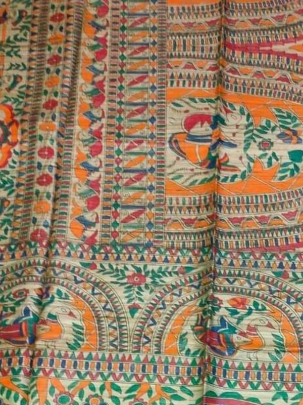 Indiehaat | Ghicha Tussar Madhubani Silk Saree Beige