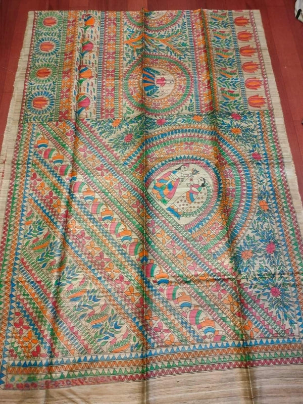 Indiehaat | Ghicha Tussar Madhubani Silk Saree Beige
