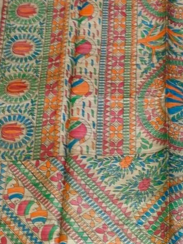 Indiehaat | Ghicha Tussar Madhubani Silk Saree Beige