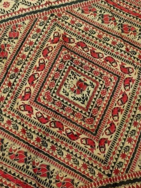 Indiehaat | Ghicha Tussar Madhubani Silk Saree Beige