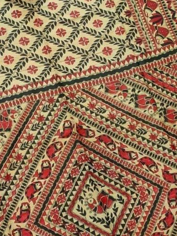 Indiehaat | Ghicha Tussar Madhubani Silk Saree Beige