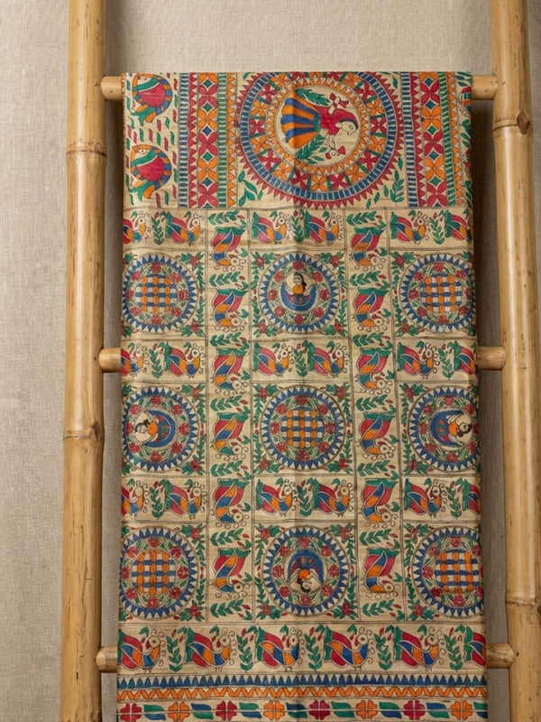 Indiehaat | Ghicha Tussar Madhubani Silk Saree Beige
