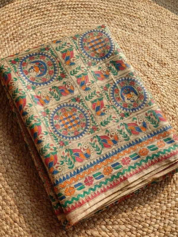 Indiehaat | Ghicha Tussar Madhubani Silk Saree Beige