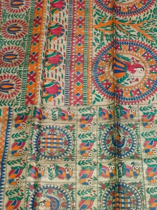 Indiehaat | Ghicha Tussar Madhubani Silk Saree Beige