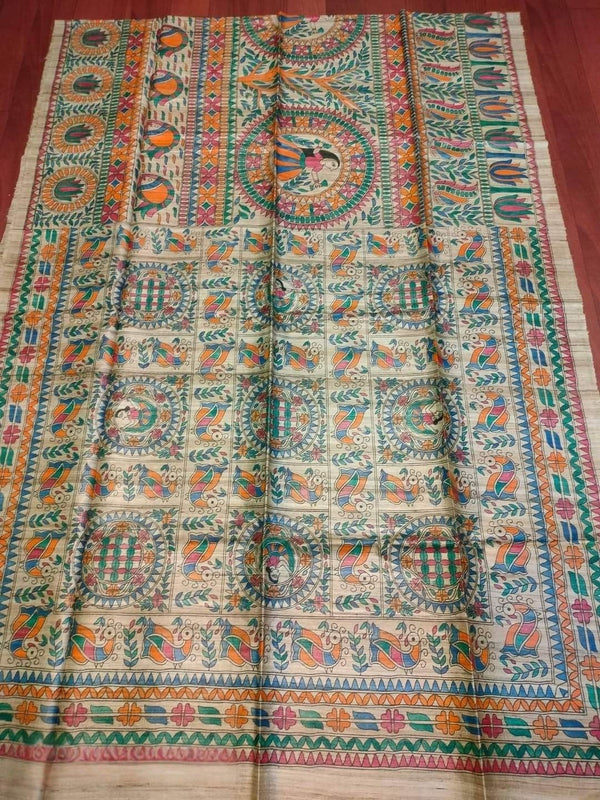 Indiehaat | Ghicha Tussar Madhubani Silk Saree Beige