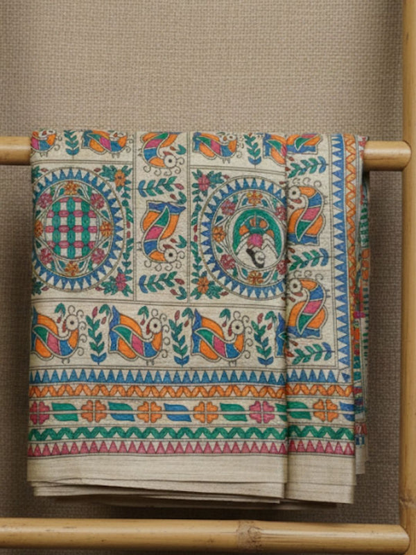 Indiehaat | Ghicha Tussar Madhubani Silk Saree Beige