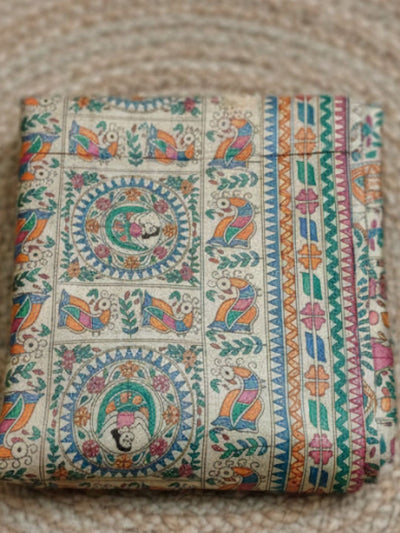 Indiehaat | Ghicha Tussar Madhubani Silk Saree Beige