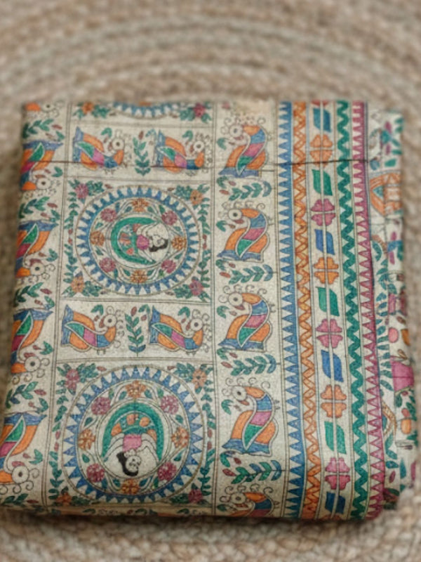 Indiehaat | Ghicha Tussar Madhubani Silk Saree Beige
