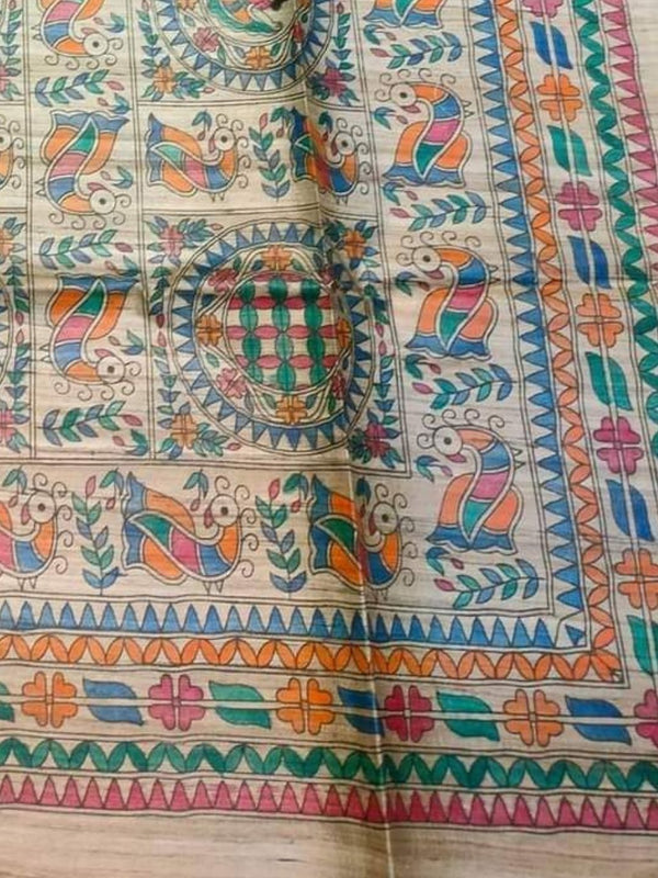 Indiehaat | Ghicha Tussar Madhubani Silk Saree Beige