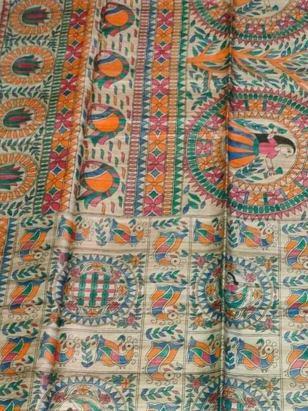 Indiehaat | Ghicha Tussar Madhubani Silk Saree Beige