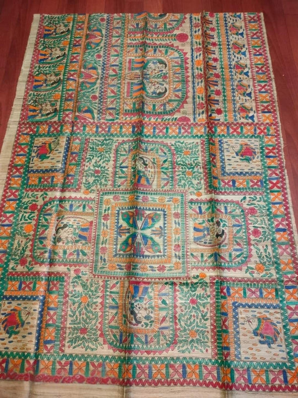 Indiehaat | Ghicha Tussar Madhubani Silk Saree Beige