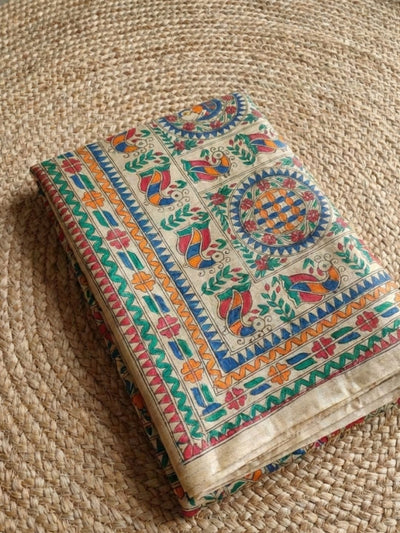 Indiehaat | Ghicha Tussar Madhubani Silk Saree Beige
