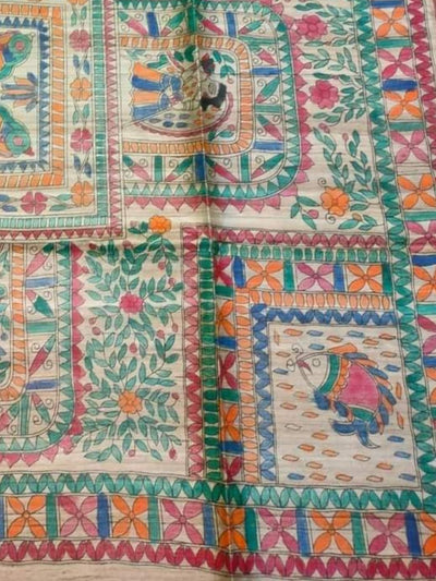 Indiehaat | Ghicha Tussar Madhubani Silk Saree Beige