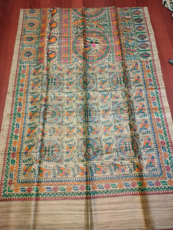 Indiehaat | Ghicha Tussar Madhubani Silk Saree Beige