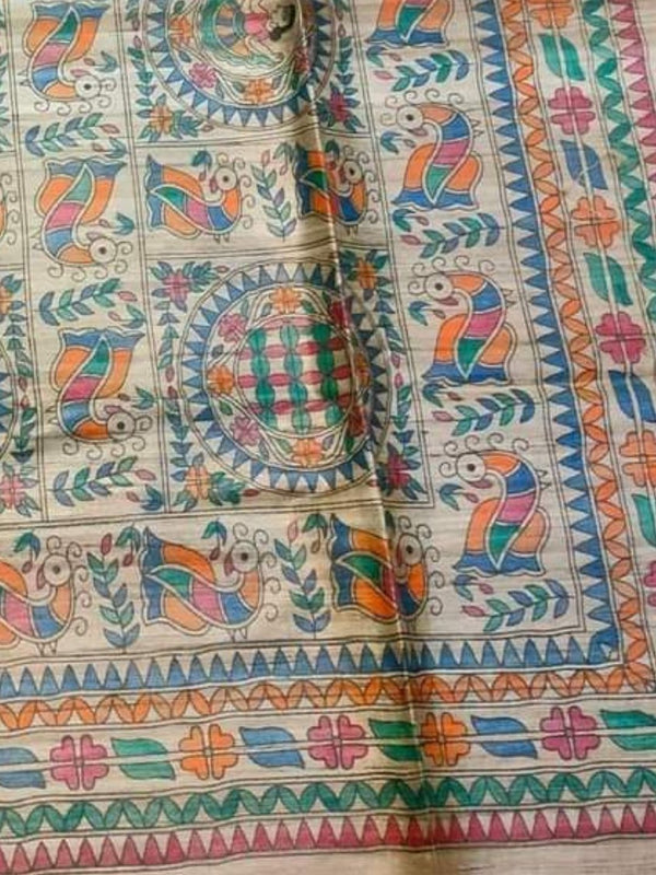Indiehaat | Ghicha Tussar Madhubani Silk Saree Beige