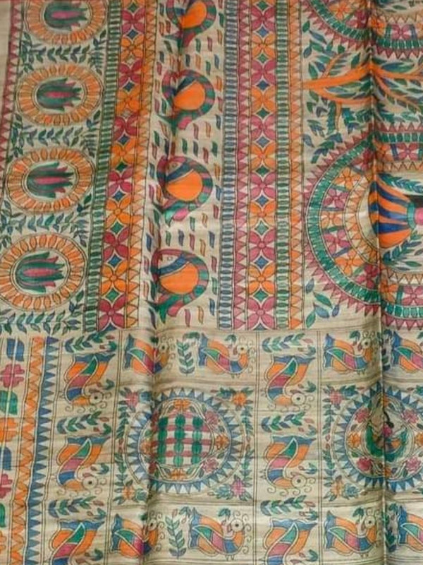 Indiehaat | Ghicha Tussar Madhubani Silk Saree Beige