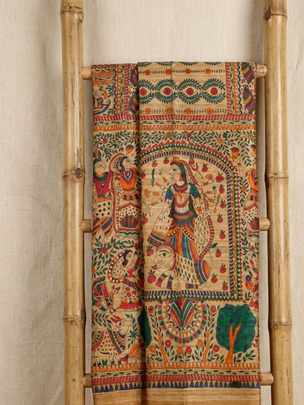 Indiehaat | Ghicha Tussar Madhubani Silk Saree Beige