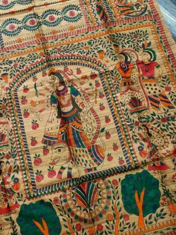 Indiehaat | Ghicha Tussar Madhubani Silk Saree Beige