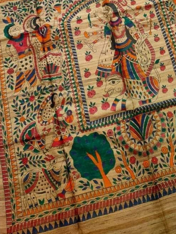 Indiehaat | Ghicha Tussar Madhubani Silk Saree Beige